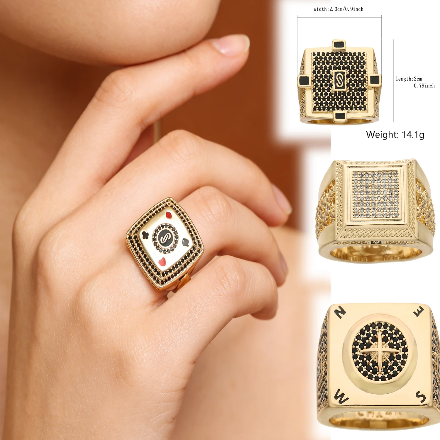 Image of 14K Vergoldeter Kubischer Zirkonia Mode Quadratischer Ring Verschiedene Stile Hip-Hop-Ringe für Männer und Frauen
