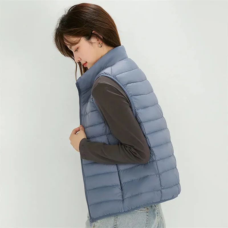 Autumn Winter Ultra Light White Duck Down Vest Jakcet Women Sleeveless Waistcoat Parka Female Stand Collar Warm Short Tank Coat