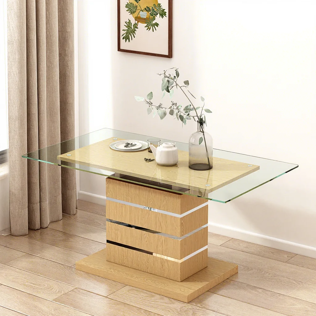 Rectangular dining table with glass top Modern home kitchen Dining room furniture 4 6 seats Dining table set Solid wood base