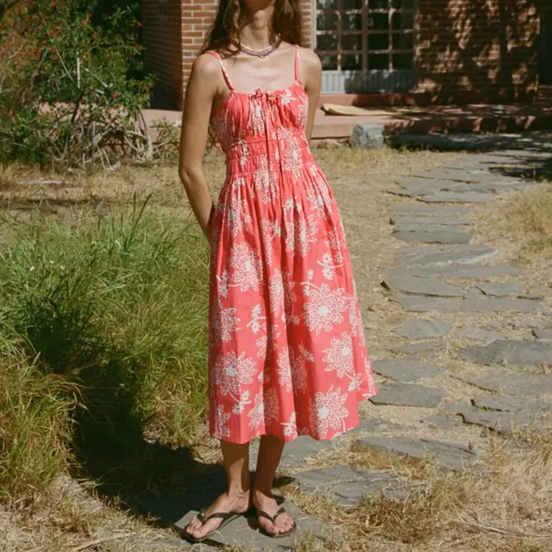 ผู้หญิงฤดูร้อน Boho Beachwear สีทึบ/ดอกไม้พิมพ์สปาเก็ตตี้สายคล้องคอ LACE-up A-Line MIDI Cami SLIP DRESS