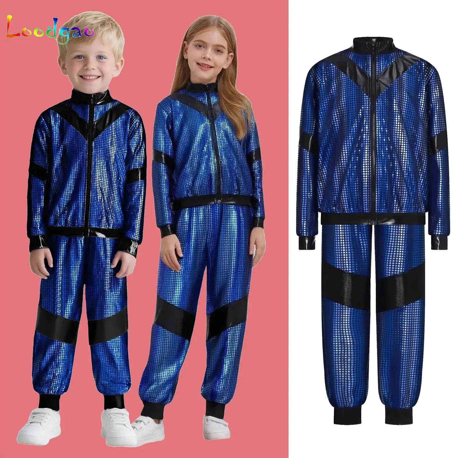 

Kids Dance Party Set Girls Boys Fashion Metallic Plaid Long Sleeve Color Block Jacket with Pants Jazz Modern Performance Costume