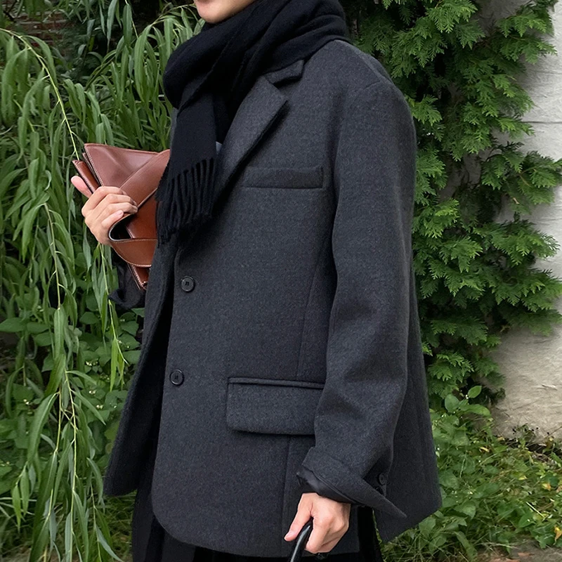  de Lã Cinza Carvão E Outono Inverno Vintage Sensação de Alta Qualidade Corte Solto com Um Botão Casaco Versátil...
