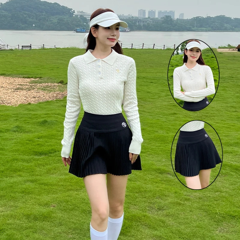 High-end feminino outono quente camisola de golfe de malha simples sólido topos versátil novas camisas senhora golfe saias plissadas saias finas