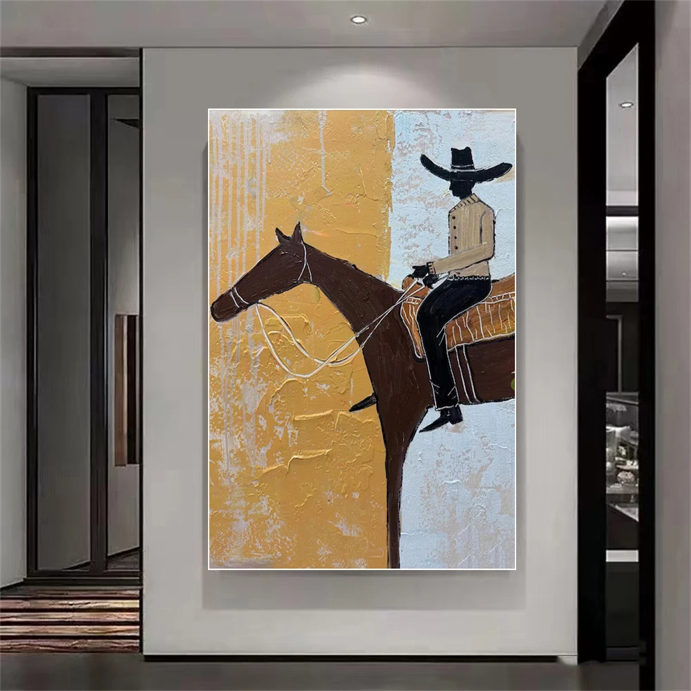 

100% Hand-Painted Mid-Century Modern Cowboy on Horse Canvas Wall Art Textured Western Home Decor Real Oil on Canvas