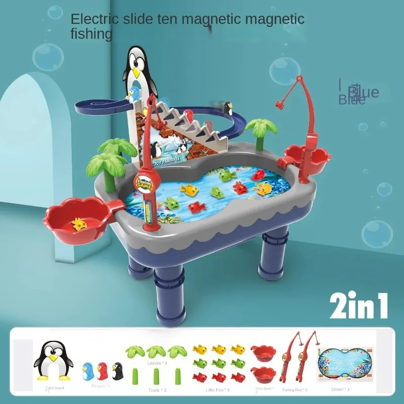 2 in 1 Penguin Stair Climbing and Magnetic Fishing Toy Pool Set Children's Electric Little Penguin Slide Baby Boy and Girl Gifts