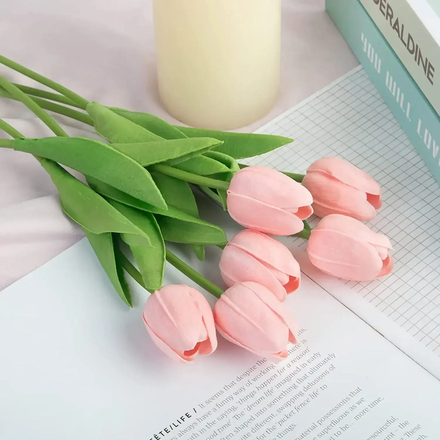 10Pcs Pink Artificial Tulips Flowers Fake Tulips PU Real Touch Faux Flowers Bouquet for Room Office Table Party Spring Wedding