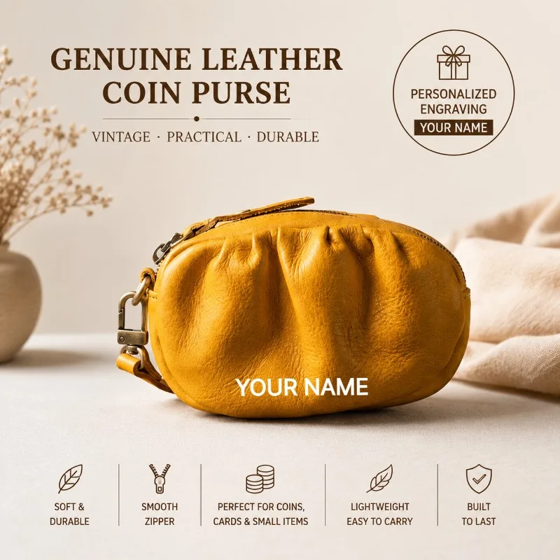 Genuine Leather Veg-Tanned Wristlet Clutch Bag Vintage Ruched Coin Purse Minimalist Zipper Pouch Custom Engraved Gift