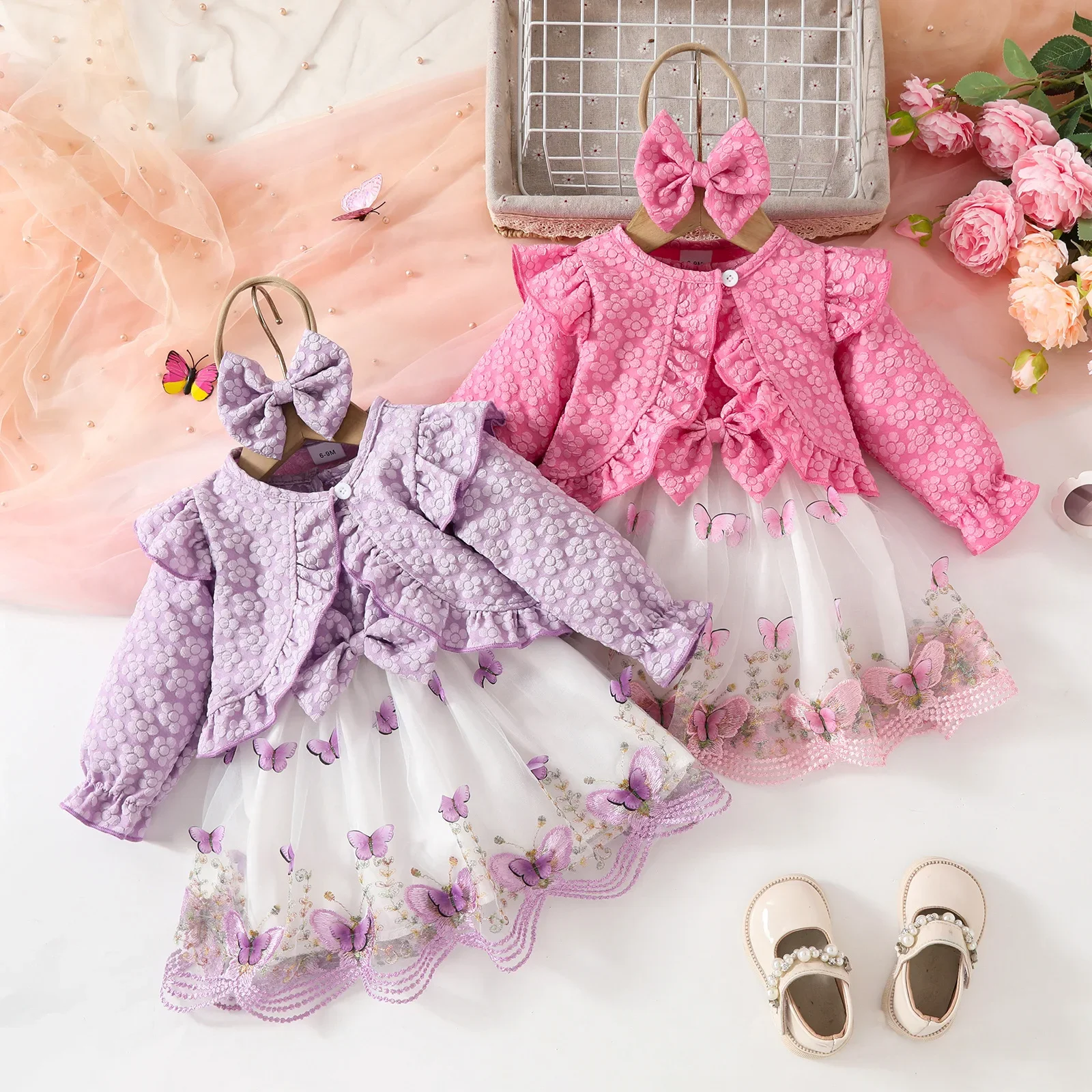 

2025 Spring New Toddler Girls Clothing Set Solid Cardigans And Vest Dresses Bow Headband 3Pcs Girls Dress Suit