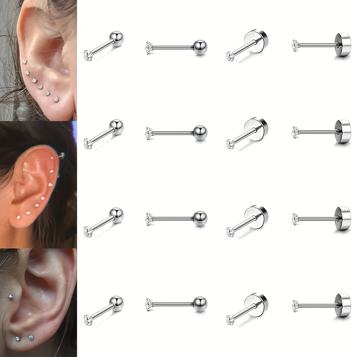 4/8 Pairs Stainless Steel 2mm Cubic Zirconia Cartilage Screw Back Barbell Stud Earrings Hypoallergenic Flatback Ear Piercings