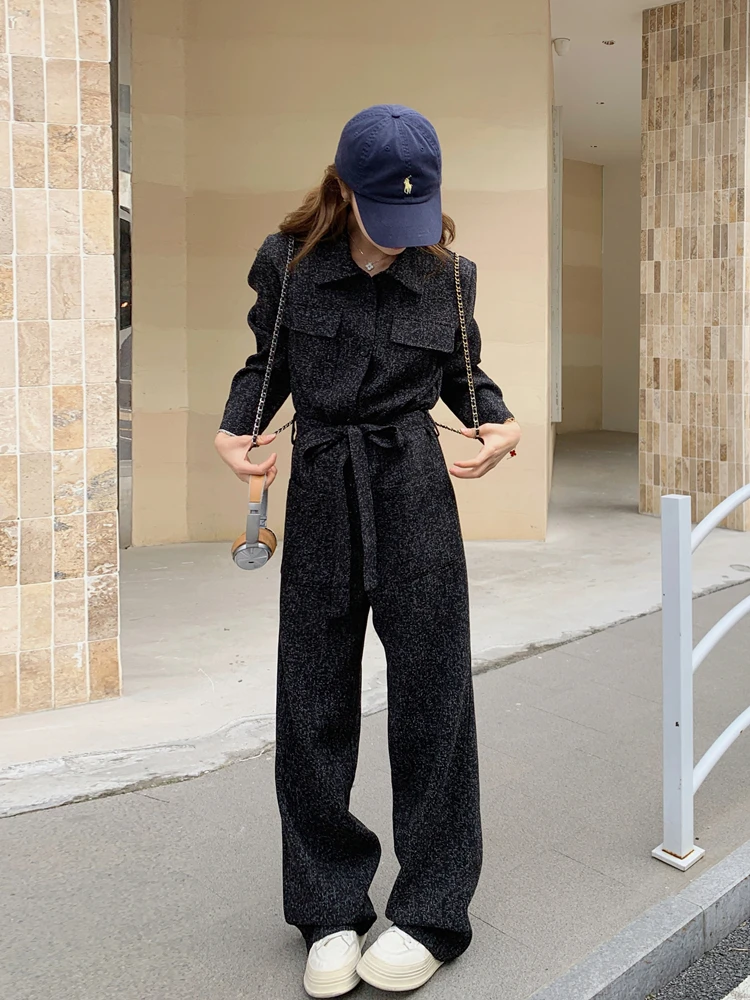 Kombinezon damski z szerokimi nogawkami i wysokim stanem, styl casual, koreański styl, wiosna 2025, efekt odmładzający, styl uliczny, jednoczęściowy.