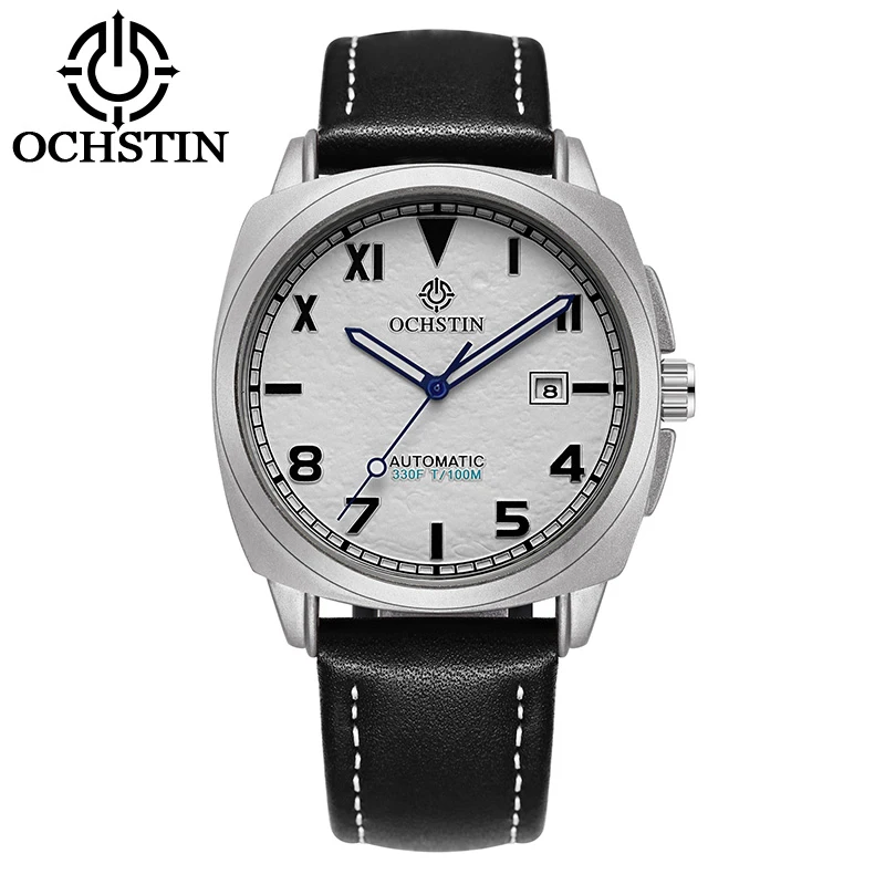 OCHSTIN California Dial Automatikuhr für Herren, klassisches Militär-Kissengehäuse, automatisches Datum, mechanisches Lederarmband, Herren-Armbanduhr