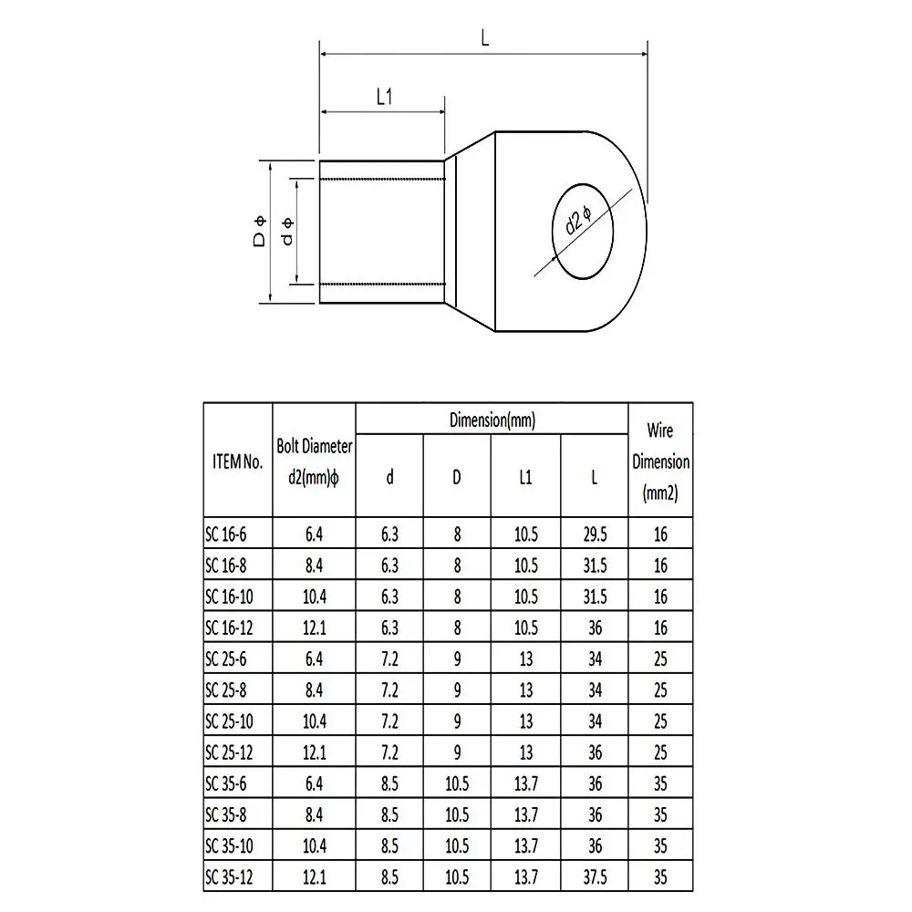 SC Type Wire Nose Terminal Crimp 16-35mm 6mm 8mm 10mm Cable Connector Kit SC16-6 SC25-6 SC35-6 Bolt Hole Tinned Copper Lugs Ring