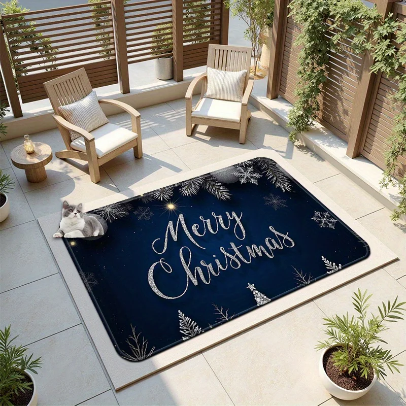Sophisticated Dark Blue Merry Christmas Pine Branch Print Washable Durable Outdoor Doormat For Festive Patio Entrance Pad
