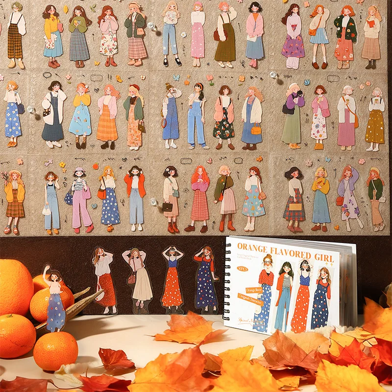 50 Pcs Ketchup Girl Series PET Sticker Book, Coil Bound, Die-Cut Figures, for DIY Journal & Decoration