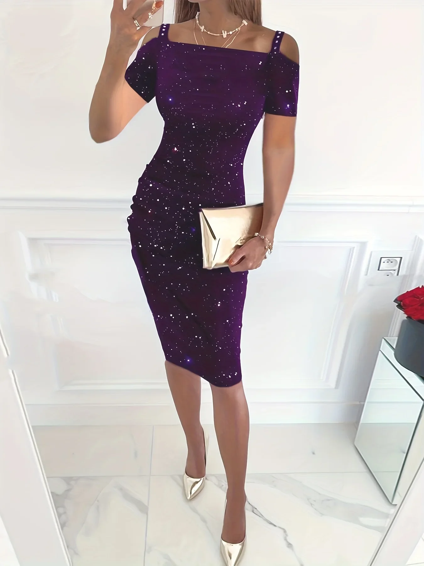 2024 nuevo estilo de primavera y verano brillante fuera del hombro Sexy vestido Halter con incrustaciones de diamantes mujer