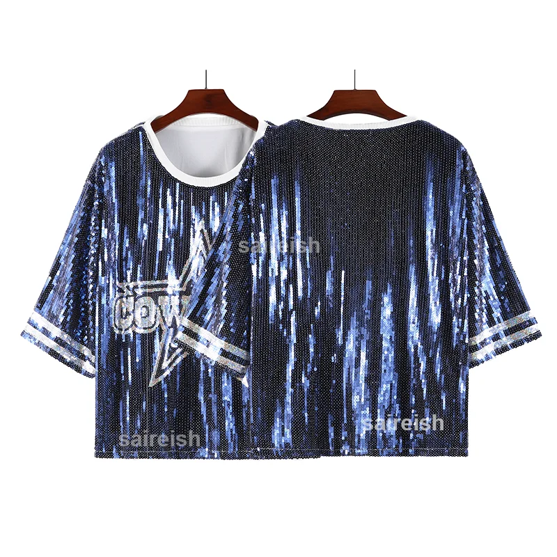 Women Football Game Day Clothes Blue And Silver Cowboy Sequin Tops