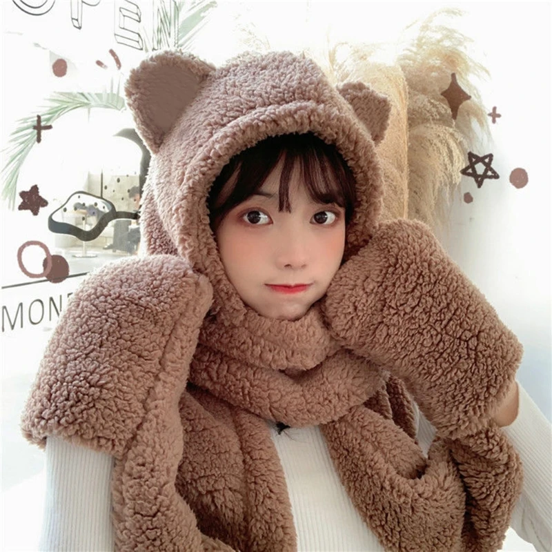 3 in 1 Women Girl Hooded Scarf with Pockets Hat Long Scarf Gloves Plush Warmer