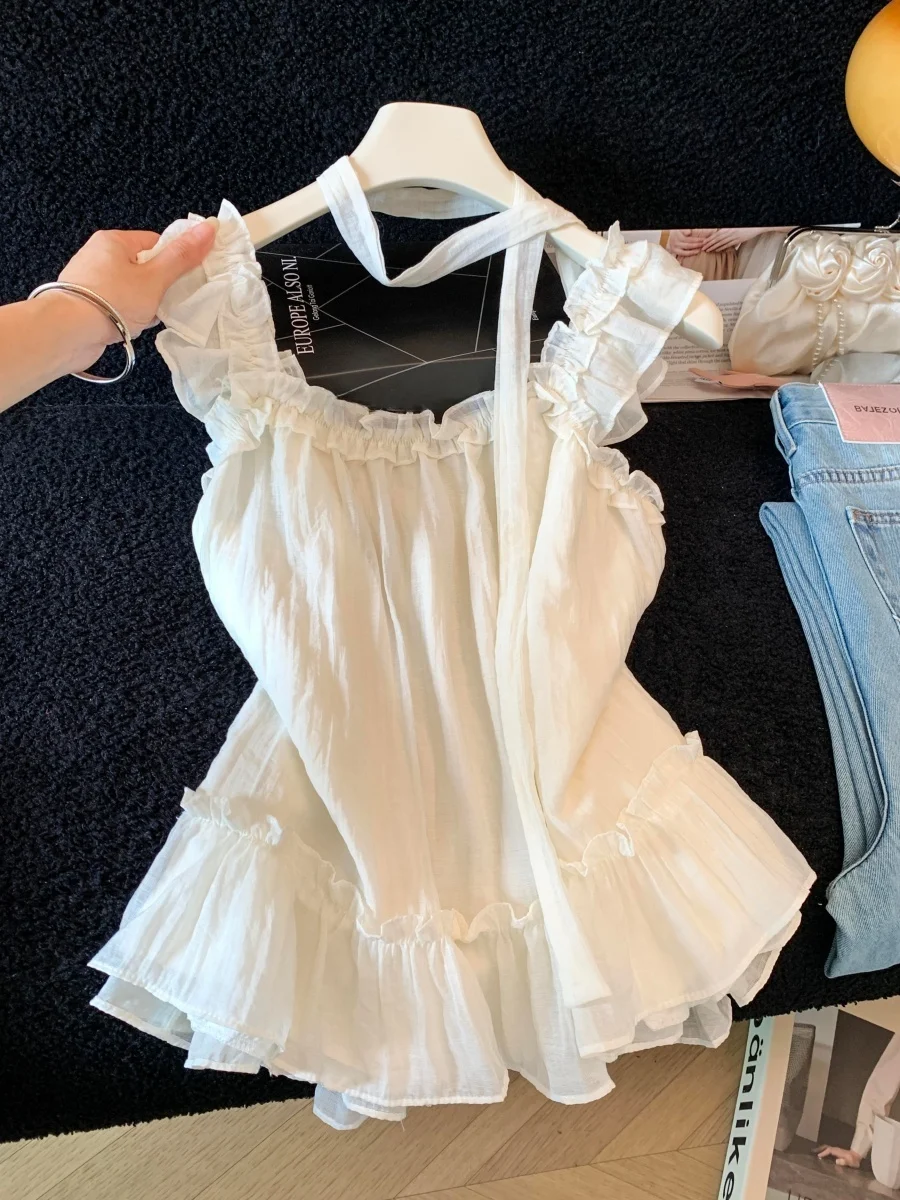 

Korean Style Sweet Fairylike Women's Summer Thin Design Sensation Sash Hanging Neck Strap Vest Square Collar Gauze Fiber Blouse