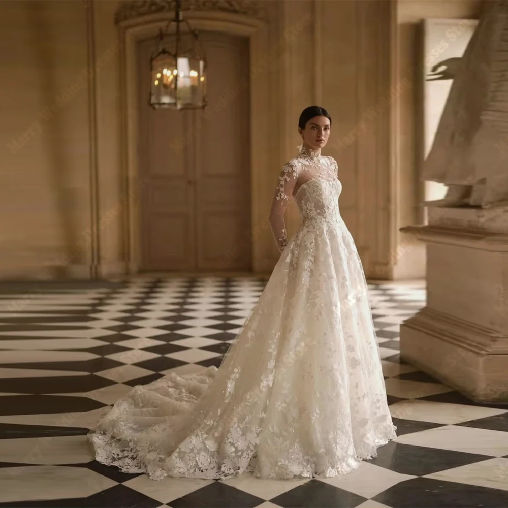 

High-Neck A-Line Women Wedding Dresses Fashion Lace Flower Printing Bridal Gowns Engagement Banquet Vestidos De Novia Customized