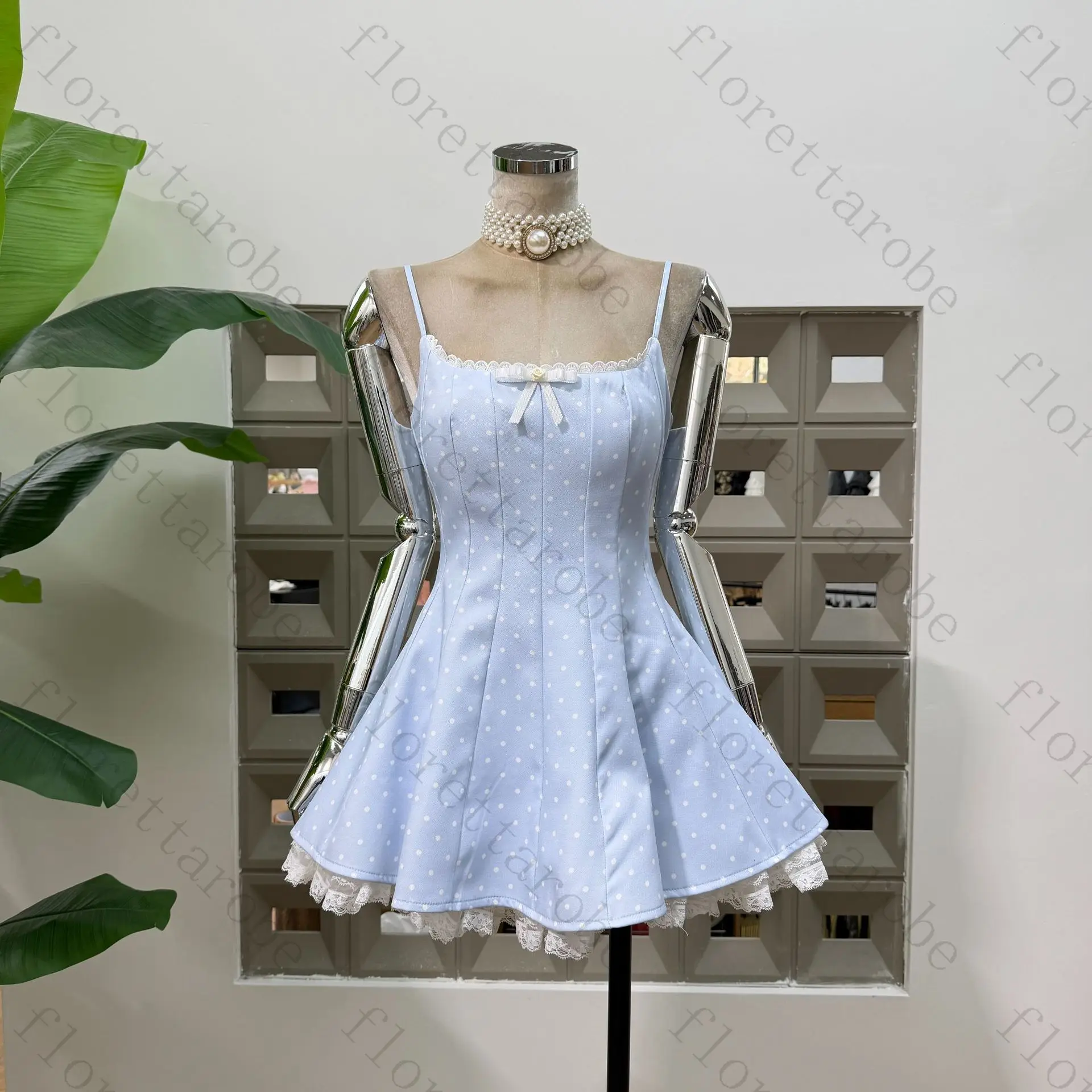 Customized Polka Dot Spaghetti Strap Mini Dress Square Neck Small Bow Decor Lace Hem Corset Waist Back Zipper Cocktail Gown
