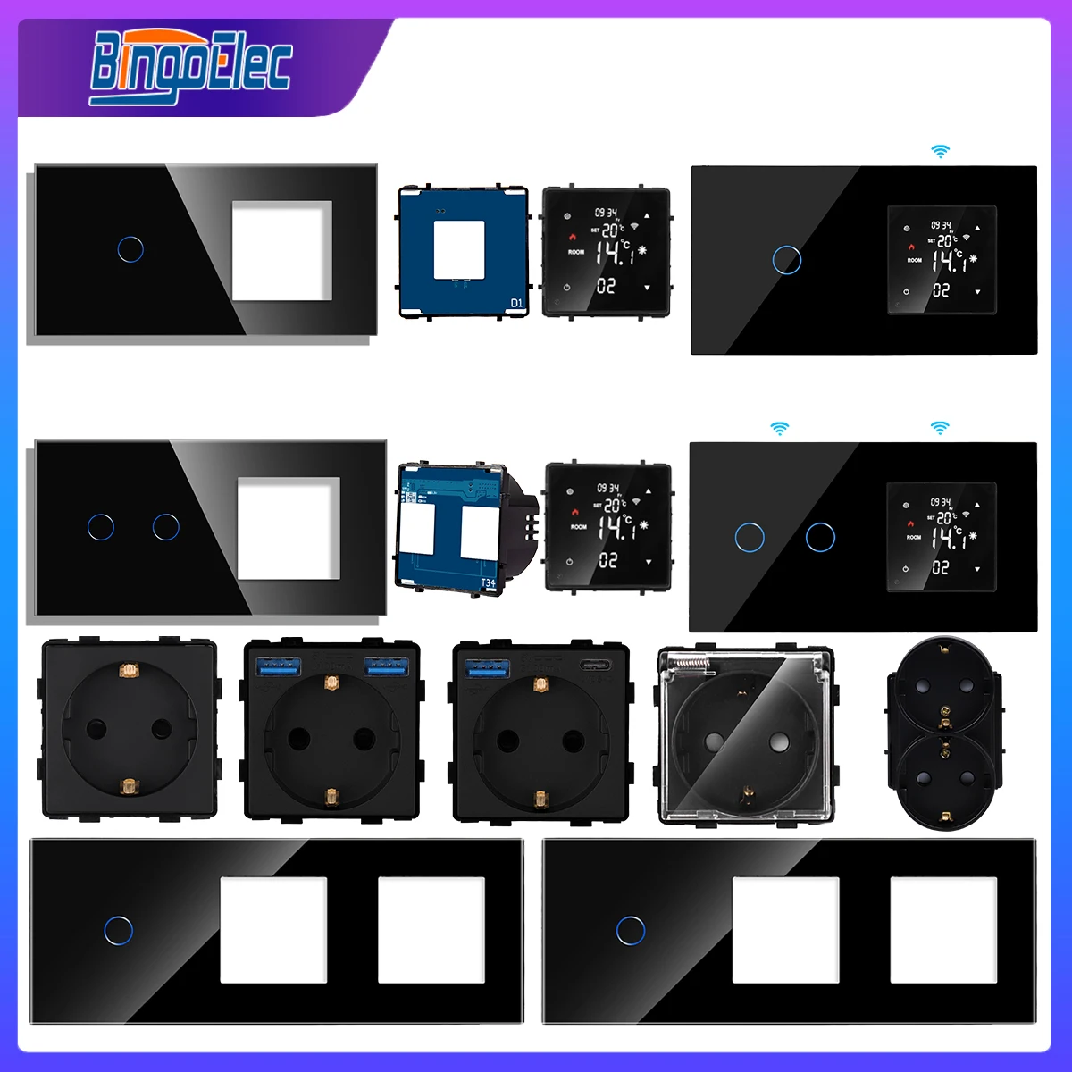 Bingoelec combinazione fai da te Smart LCD Touchscreen termostato parte interruttore luce nera porta USB Type-C presa a muro presa elettrica