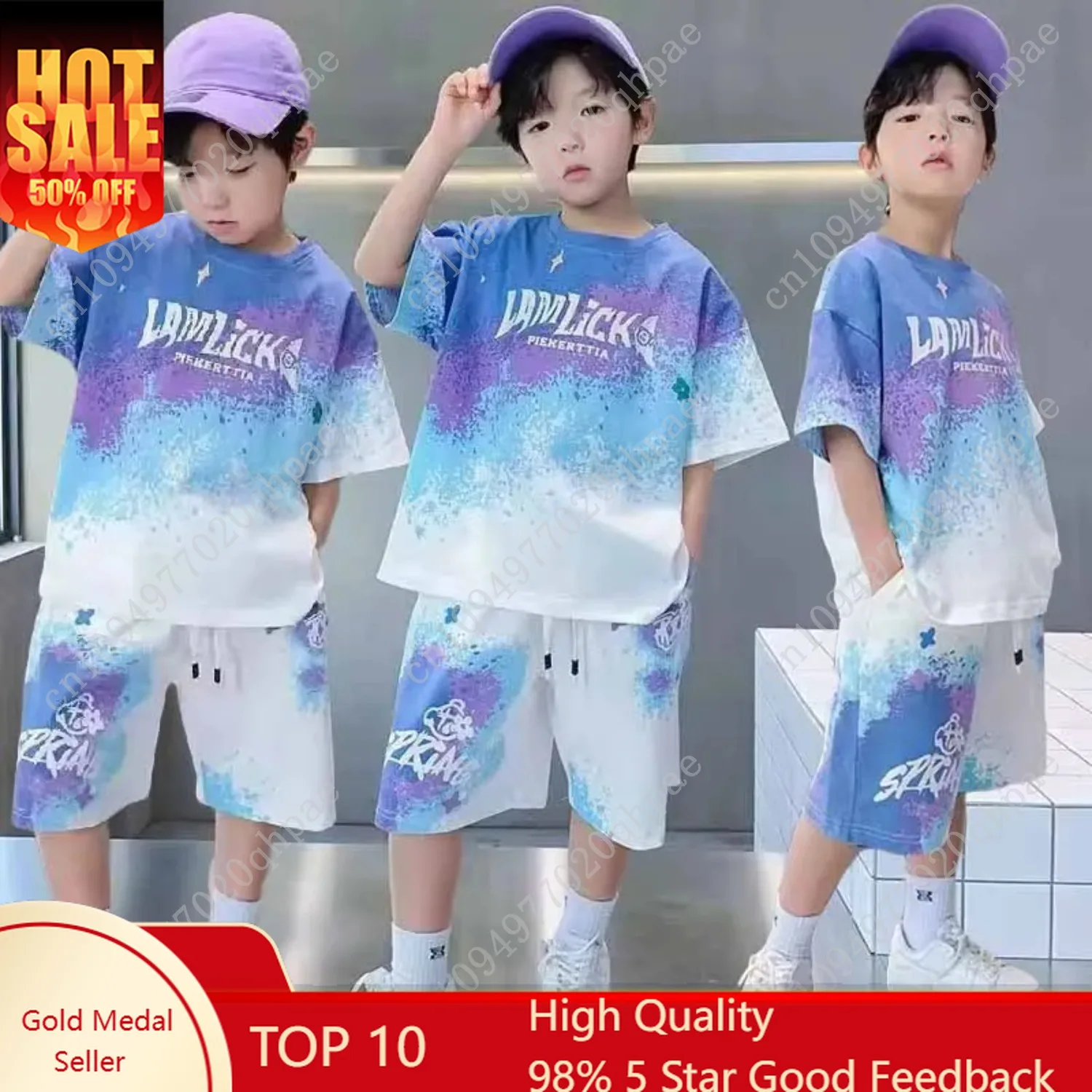 

Boys Loose Casual Sets Summer Teen Gradient T-shirts+Shorts 2Pcs Big Kids Sport Short Sleeve Clothes Suits Children Print Outfit