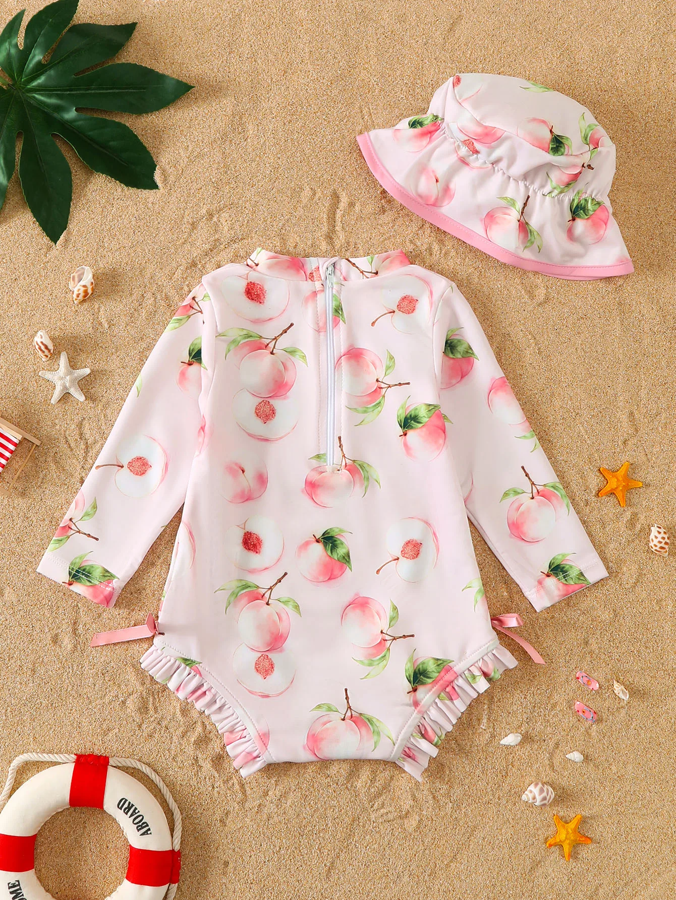 Baby Girl Summer Peach Pattern Long Sleeve Onesie Swimsuit with Sun Hat Infant Swimming Suit And Protection Accessories