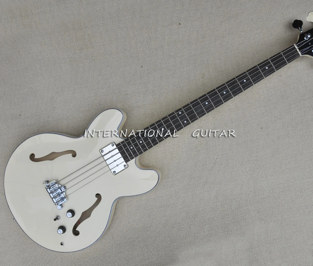 

4 Strings Cream Semi Hollow Electric Bass Guitar with 22 Frets,Rosewood Fretboard
