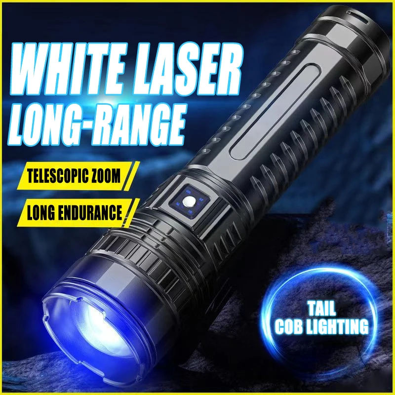 

White Laser Strong Light Flashlight Tail Floodlight Outdoor Camping Emergency Lighting Lantern Zoom Long-range High-power Torch