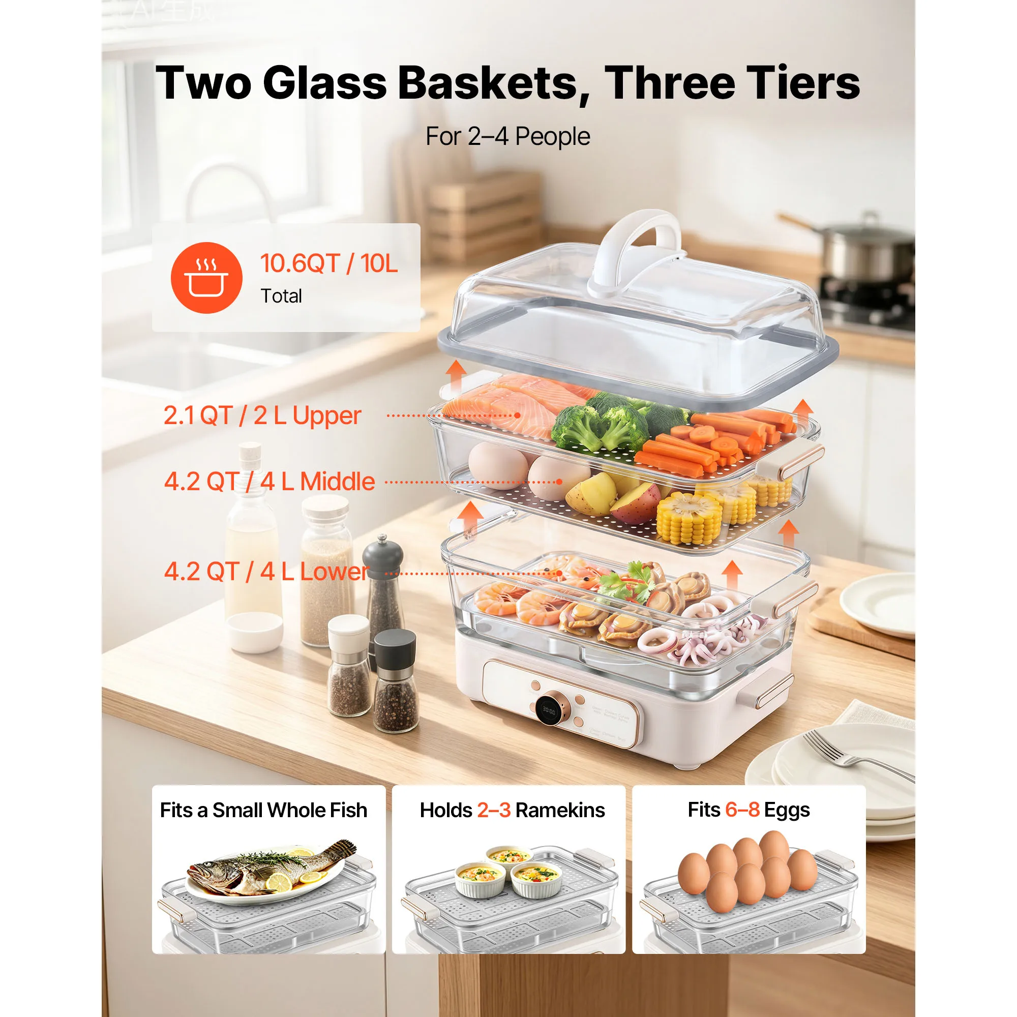 Electric Food Steamer 10.6 QT Glass with 3-Tier Stainless Steel Trays, 1200W Vegetable Steamer for Cooking, 2-4 Servings, Pre-Programmed Settings, Delay Start, for Veggies, Seafood & Rice, White