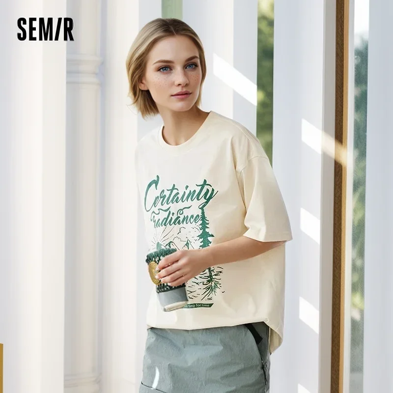 Semir Short Sleeve T-Shirt Women In The Long Section Of The Trend Of Loose Summer 2024 New American Retro Printing Top Personali