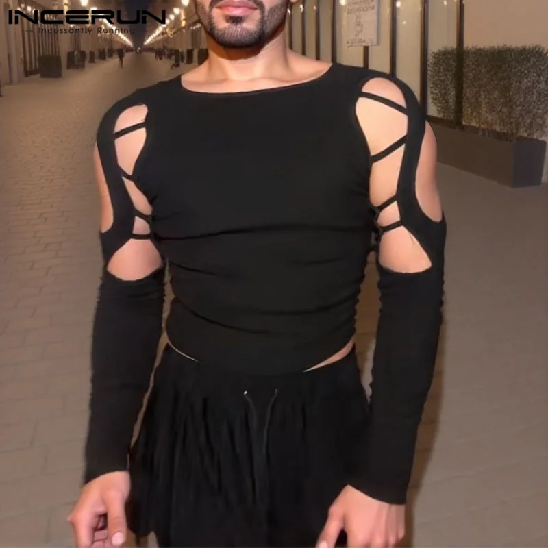 

INCERUN Men T-Shirts Hollow Out Sexy Tops Tee INCERUN Summer Spring O Neck Tops Streetwear Oversize Men's Clothing