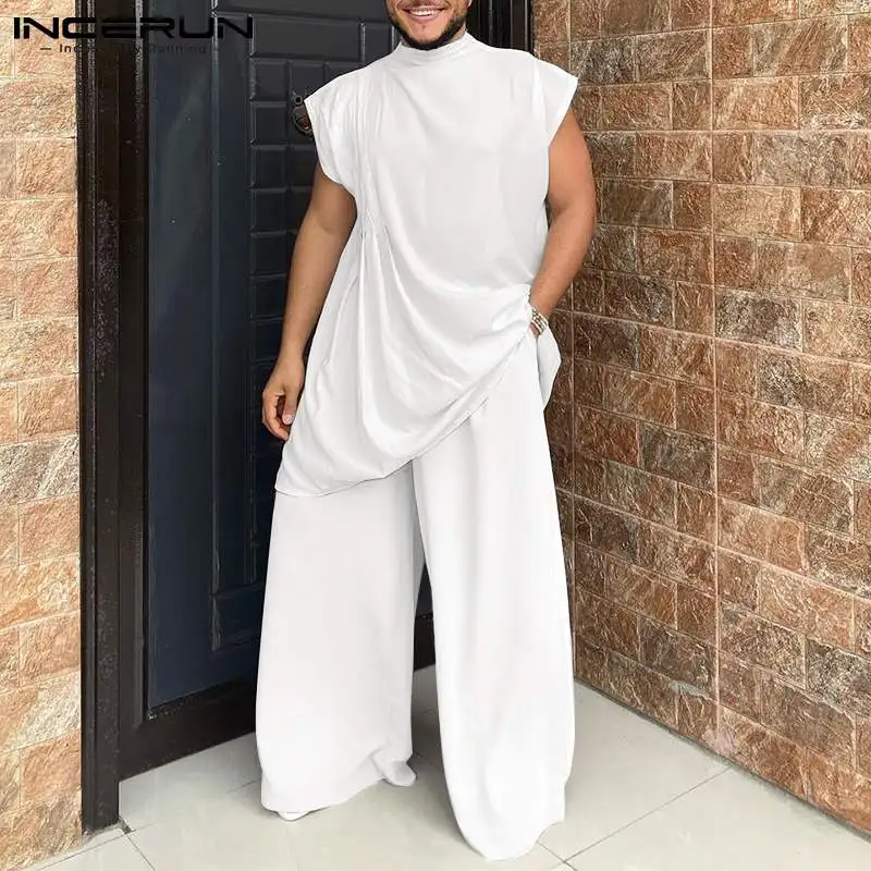 New Men\'s Sets Muslim Style Pleated Dropped Sleeves Half Turtleneck Mid-Length Robe Loose Pants Suit 2 Pieces S-5XL INCERUN 2024