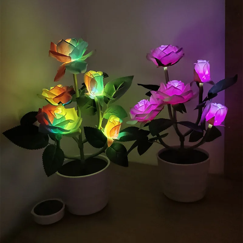 Solar Powered Rose Lawn  Lamp Garden Balcony Home Bedroom Led Rose Decorative Table Lamp Artificial Plant Bedside Flower Pot