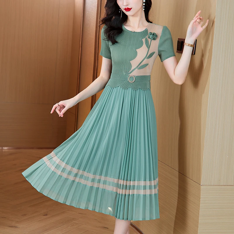 2024 Summer New Silk Printed Folded Dress Women's O-neck Short Sleeve Elastic Magic Knee length A-line Long Dress