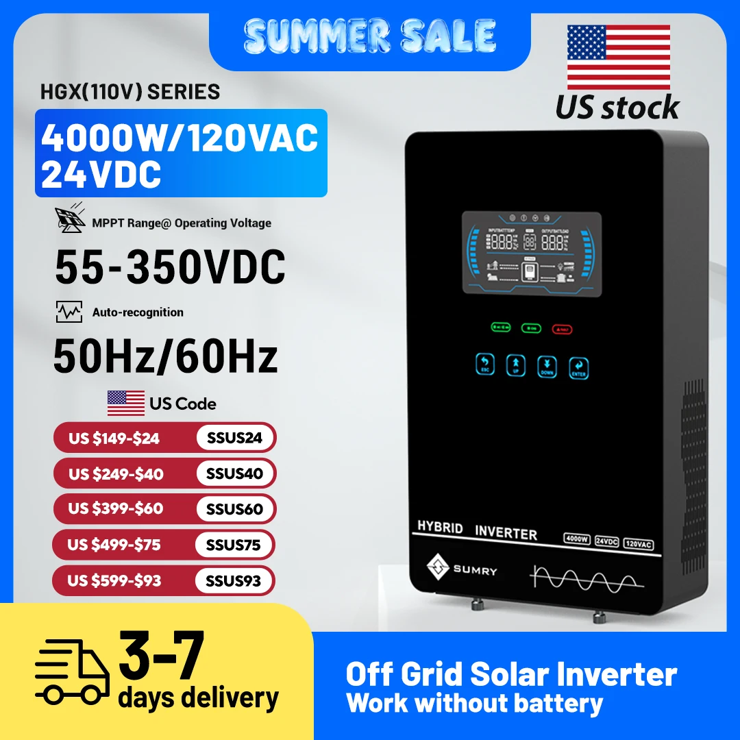 Sumry 4kw Hybrid Inverter Off Grid Pure Sine Wave solar Inverter 24V 140A 5600W 50Hz/60Hz for 6.25 Inch LCD Display