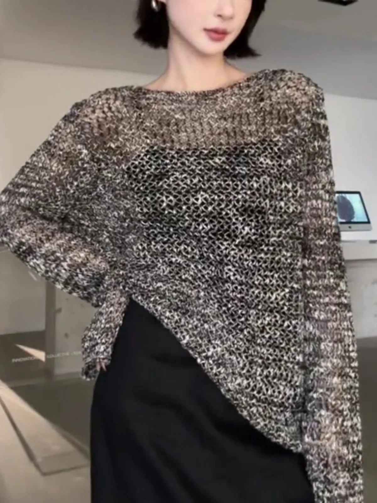 

Модный свободный вязаный свитер Gtuq с длинными рукавами и круглым вырезом, черный, для ранней осени, женский, повседневный, удобный, в корейском стиле