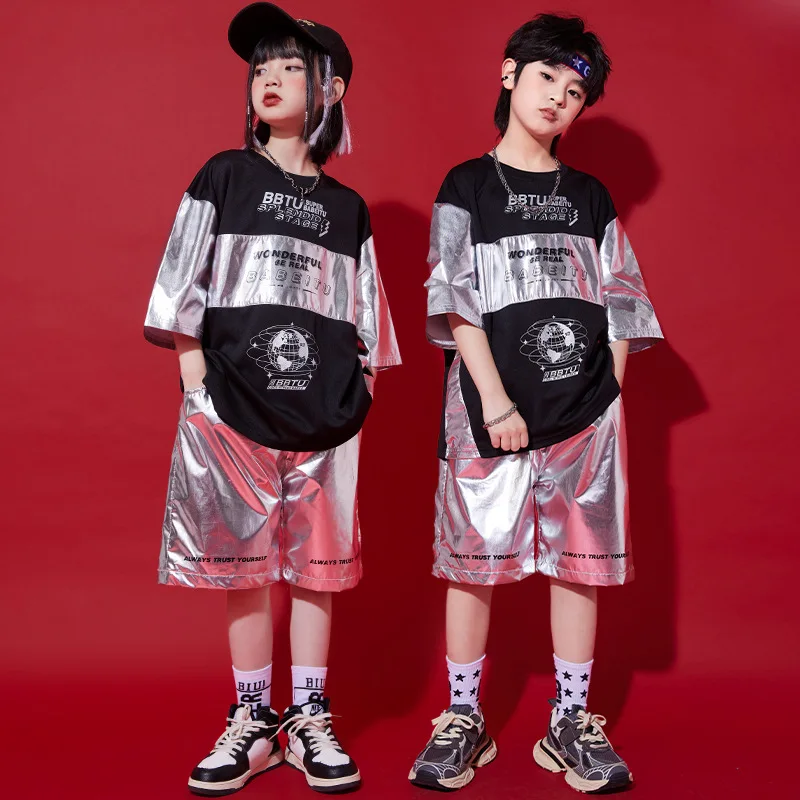 Kid Cool Hip Hop Clothing Silver Black Letter Print Oversized T Shirt Top Casual Shorts for Girl Boy Jazz Dance Costume Clothes