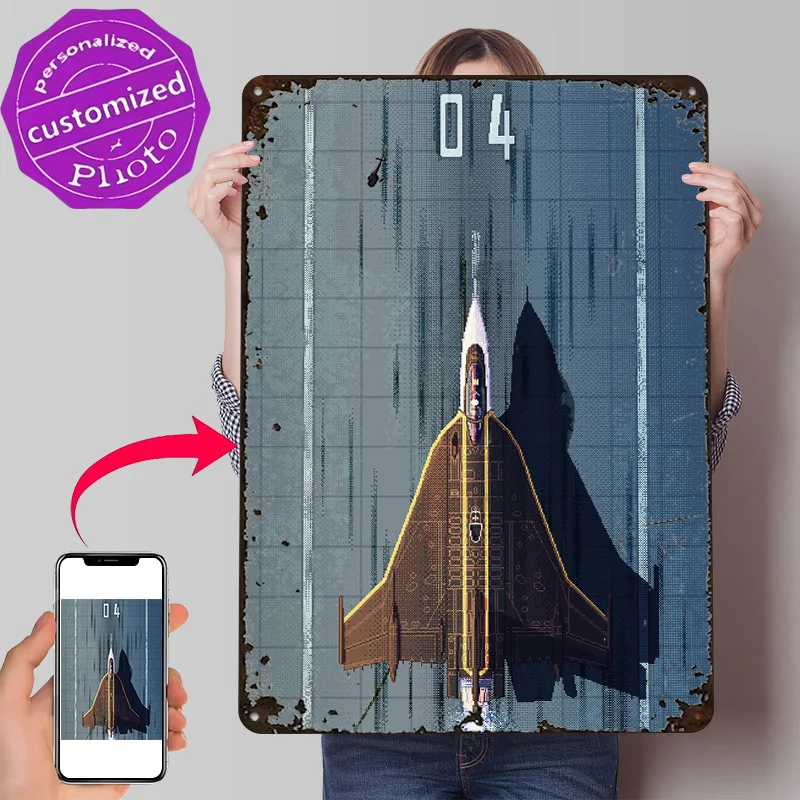 Pixel Art F16XL Takeoff Personalized 3D Textured Metal Poster Wall Art Tinplate Sign for Room Decor Vintage Decoration Gaming