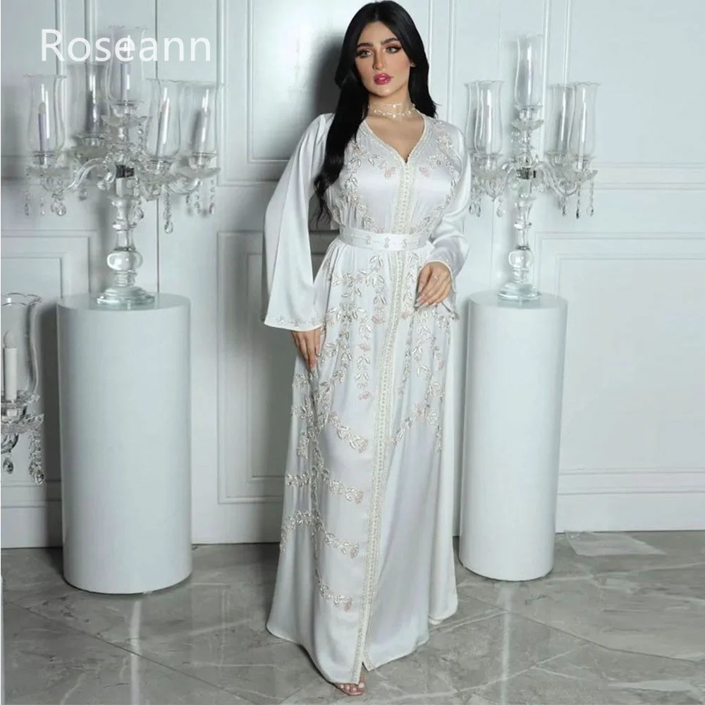 Vestidos de novia de línea a simples musulmanes, apliques de satén con cuello en V, flores drapeadas, vestidos de novia completos hasta el suelo