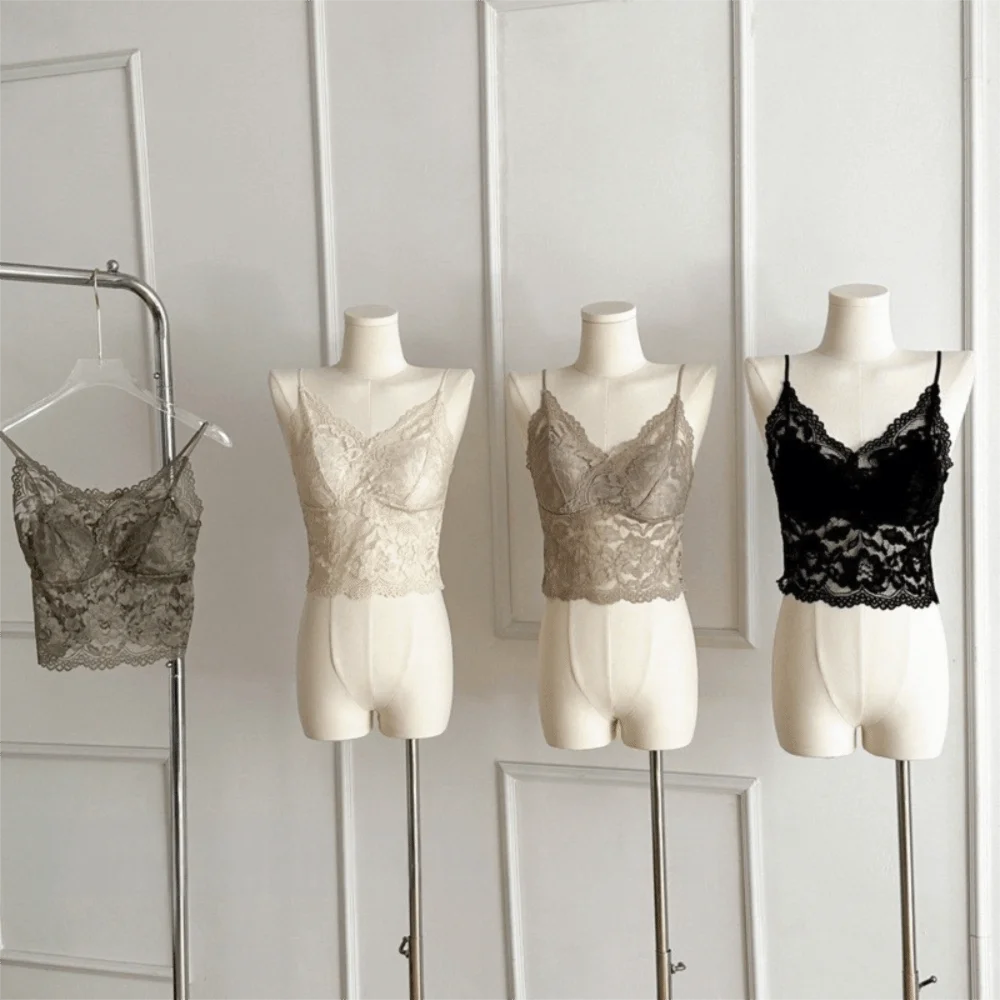 Mesh Flower Slim Lace Crop Top Bottoming Shirt Sweet Girl's Vest Top Spring And Summer Spicy Girls Style Camisole with Pads Lady