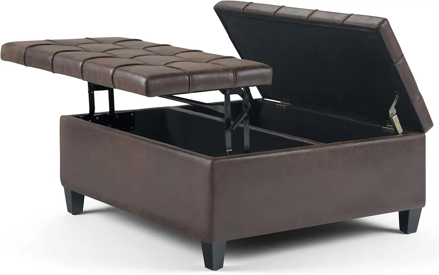 36 Inch Wide Square Coffee Table Lift Top Storage Ottoman in Upholstered Distressed Brown Tufted Faux Leather