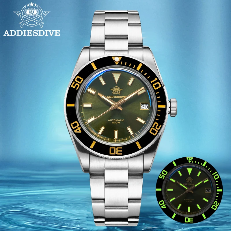 

Мужские автоматические часы ADDIESDIVE, 39 мм, винтажные, с керамическим безелем, водонепроницаемость 20 бар, светящийся циферблат, мужские часы для дайвинга AD2084