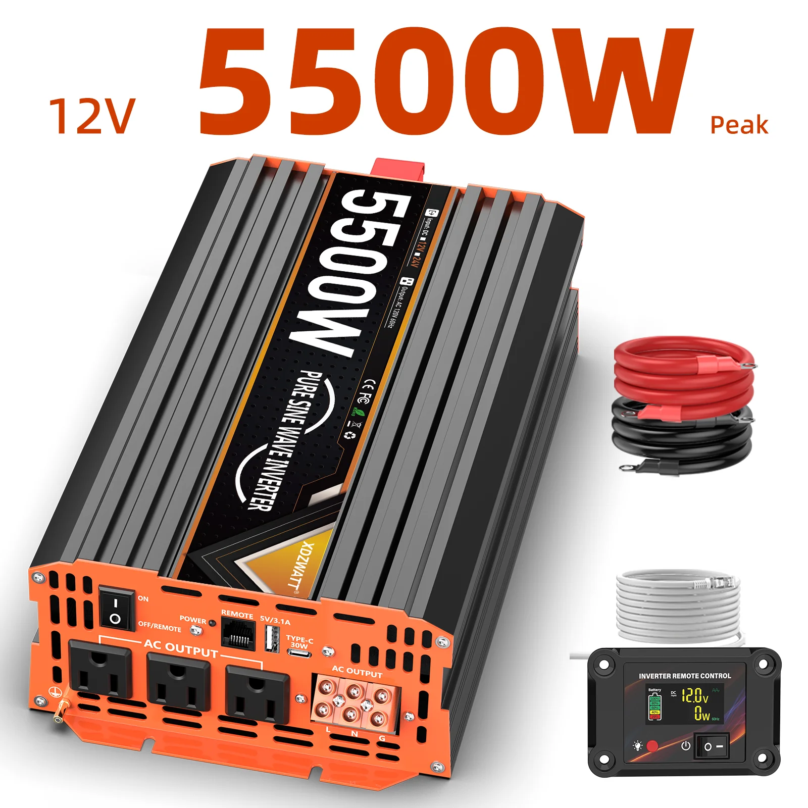 2000 واط 5500 واط الذروة 12 فولت 24 فولت موجة جيبية نقية عاكس الطاقة مع جهاز التحكم عن بعد شاشة الكريستال السائل USB نوع-C حماية متعددة ل RV #1