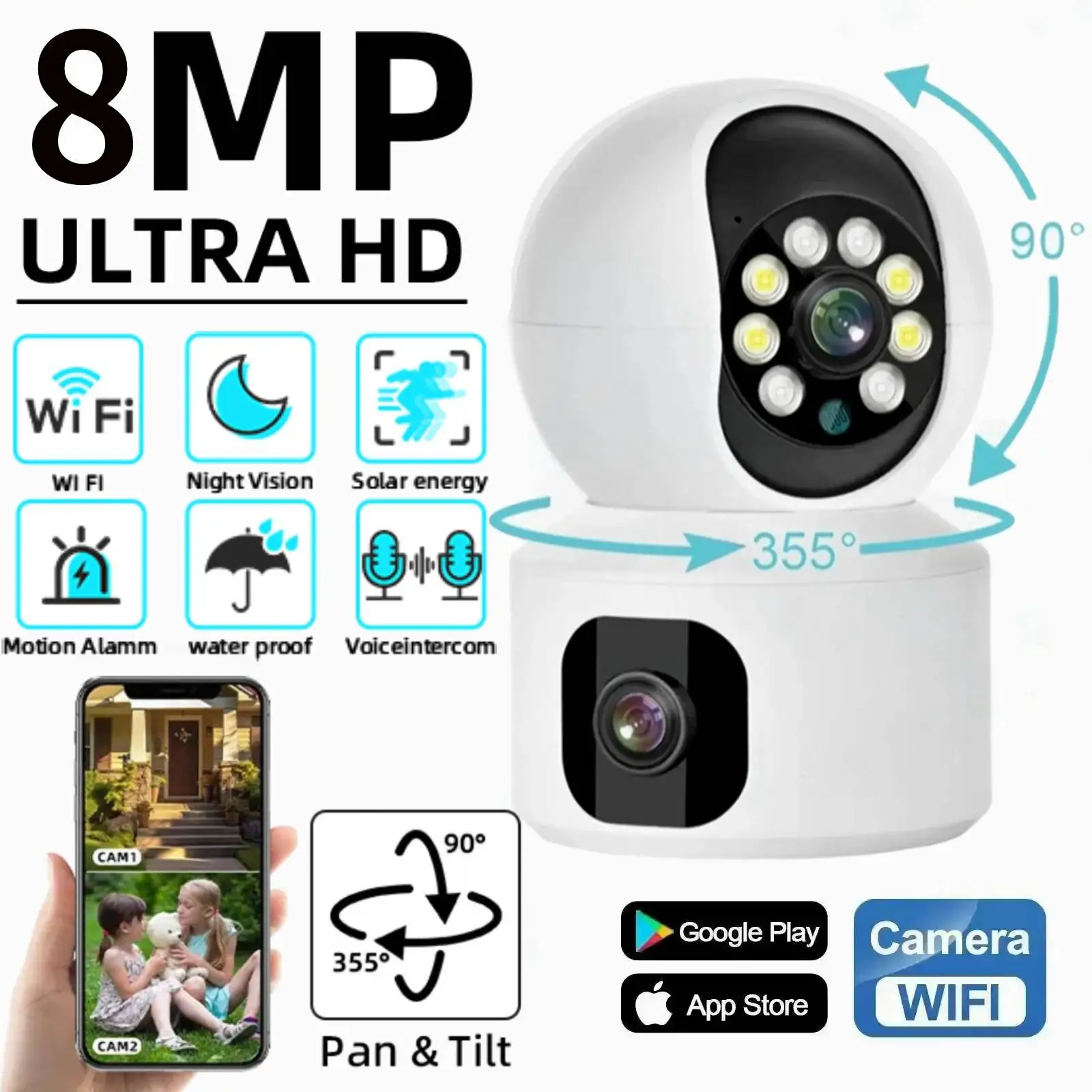 

8MP WiFi IP Camera Dual Lens Baby Monitor Color Night Vision Human Automatic Tracking CCTV Video Smart Home Surveillance Camera