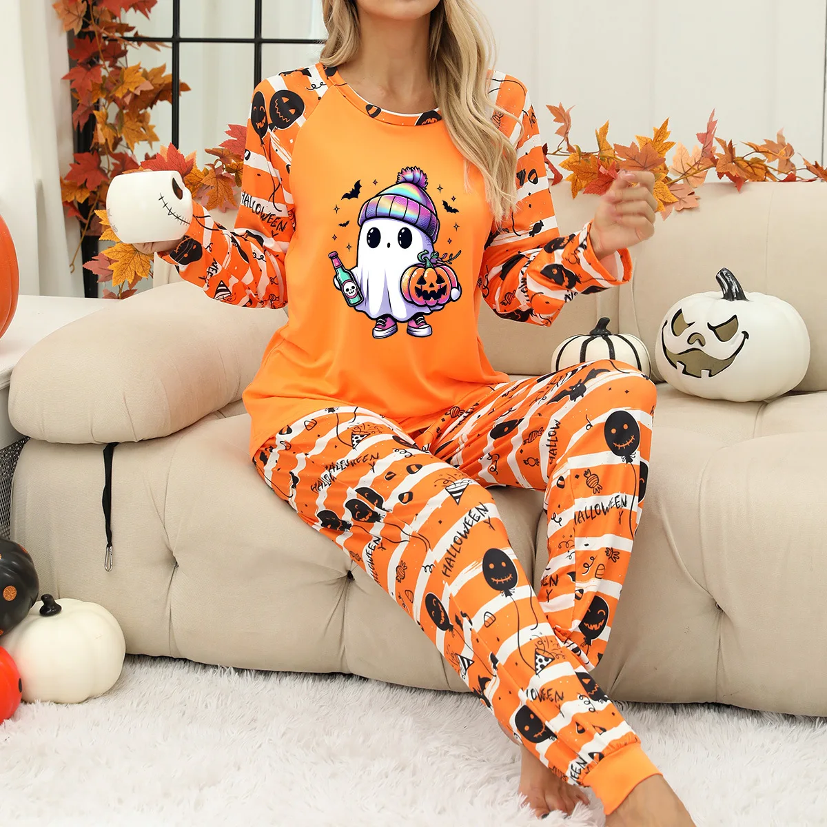

Halloween Pajamas 2 Piece Outfits Woman Ghost Pumpkin Print Long Sleeve Round Neck Tops With Elastic Waist Long Pants Loungewear