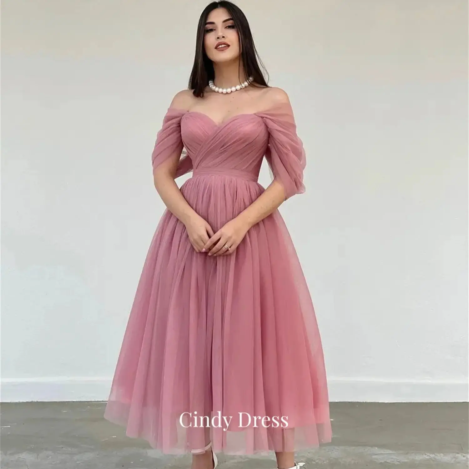 

Cindy.Elegant Short Pink Tulle Evening Gown A Line Off Shoulder Tea Length Prom Dress for Women