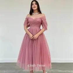 Cindy.Elegant Short Pink Tulle Evening Gown A Line Off Shoulder Tea Length Prom Dress for Women