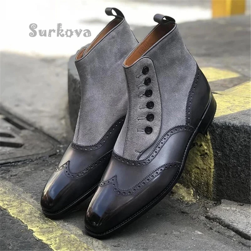 Flat Wedges Pu Leather Ankle Boots Fashion Pointed Toe Button Metal Decoration Suede Casual Men\'s Shoes Large Size Short Boots