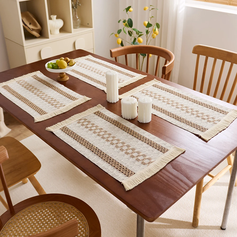 Bohemian Style Placemats Set of 1/4/6pcs 30x50cm Hand-Woven with Tassels Double-Sided Dining Table Mat for Home Decor